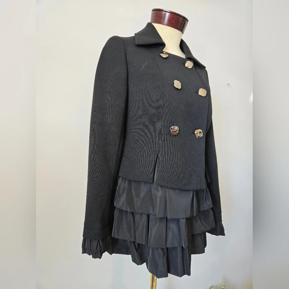 ECOLOR Black Double-Breasted Women's Jacket With Ruffle Bottom And Cuffs. Medium - Picture 3 of 14